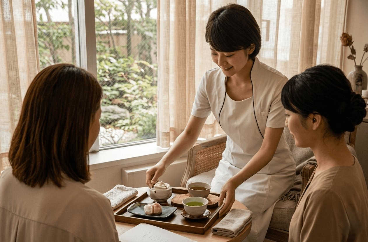 お茶を出す接客シーン